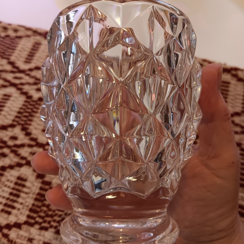Diamond Pattern Glass Candle Holder, Small Vase, Heavy Crystal - Picture 3 of 4